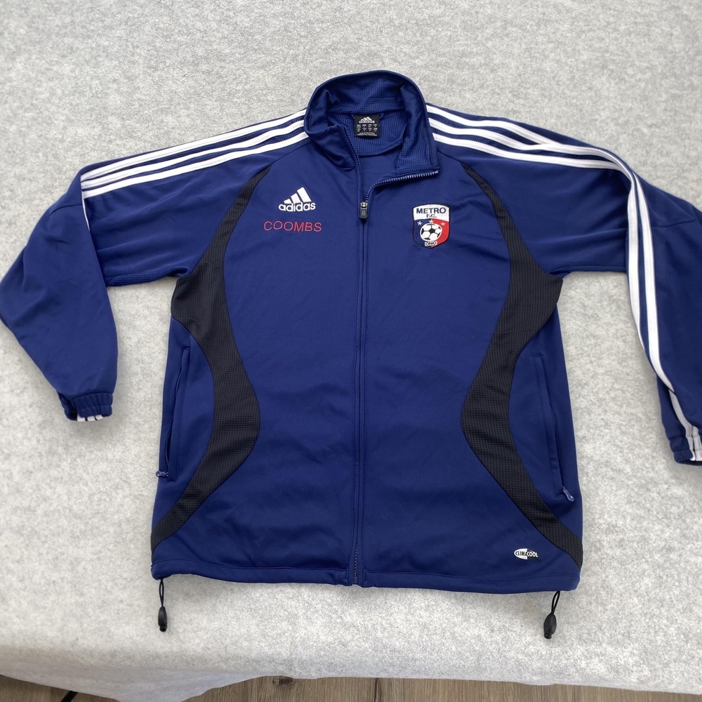 Adidas Jacket Mens Medium Blue ClimaCool Full Zip Track 3 Stripe Metro FC Soccer